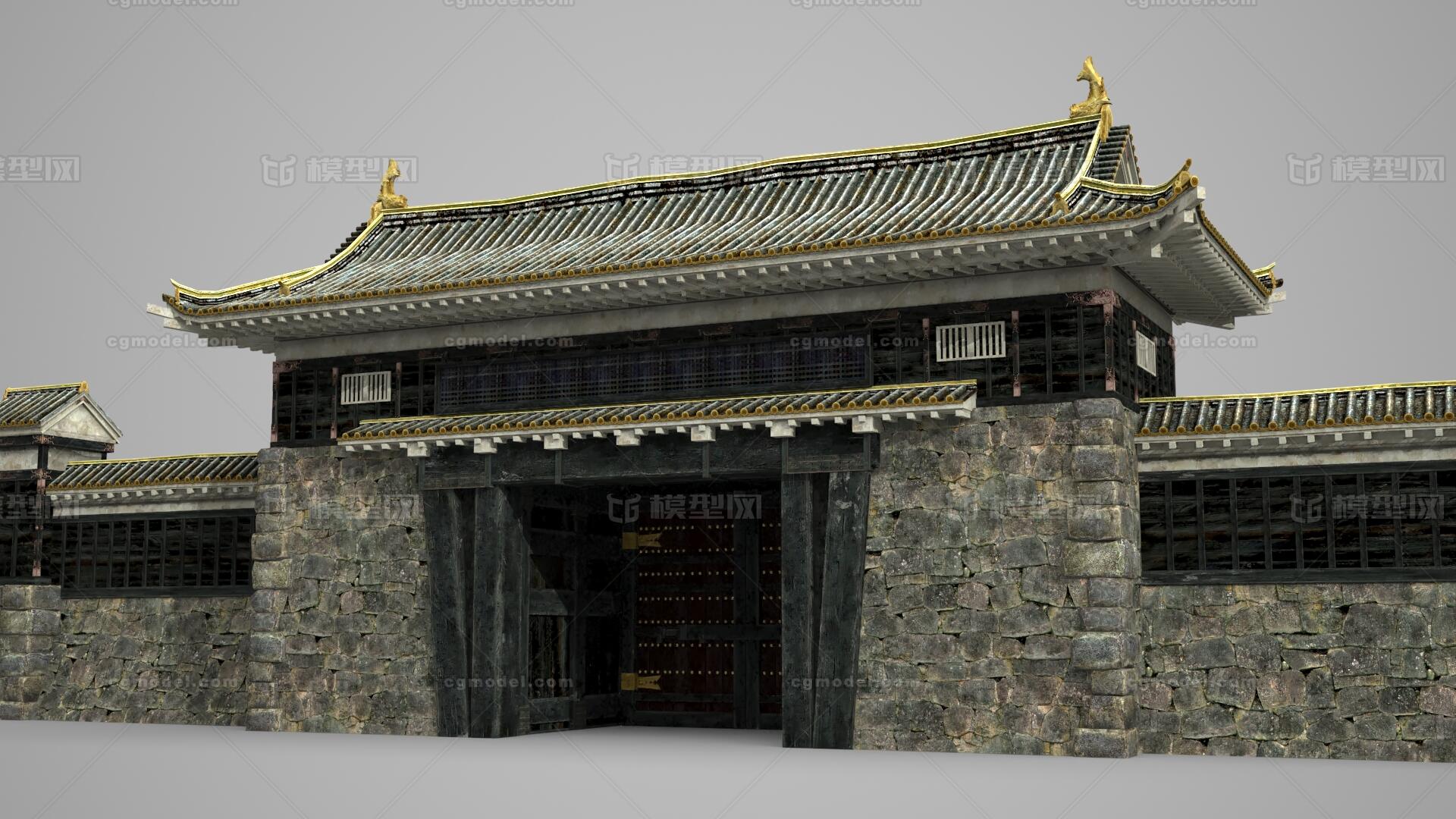 亚洲古代建筑豪华大门围墙模型-历史建筑模型库-3ds Max(.max)模型下载-cg模型网