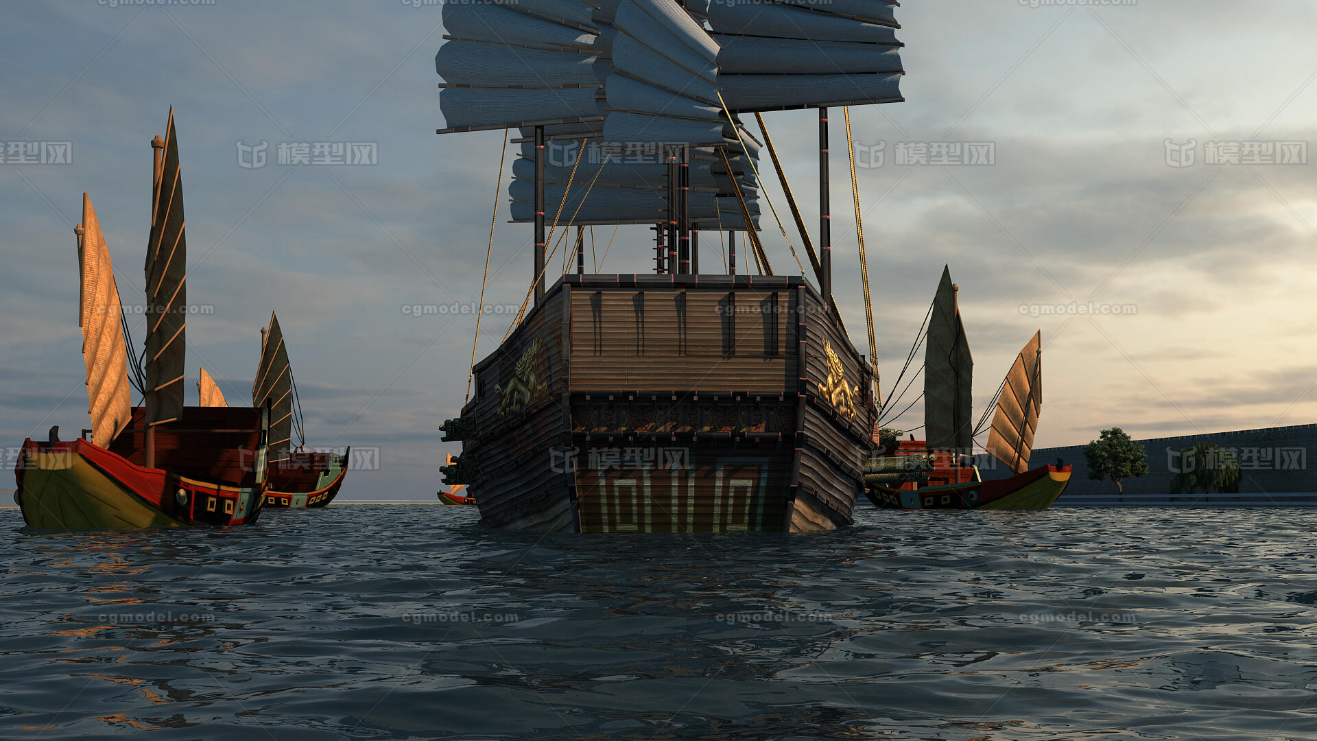 古代帆船 航行场景模型-古代场景模型库-3ds Max(.max)模型下载-cg模型网