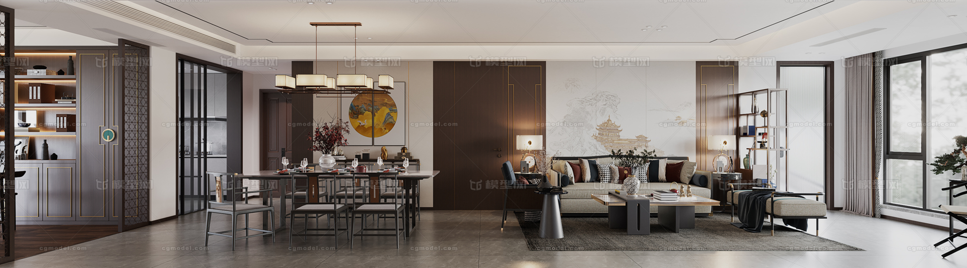新中式客厅餐厅全景 新中式书房模型-客厅模型库-3ds Max(.max)模型下载-cg模型网