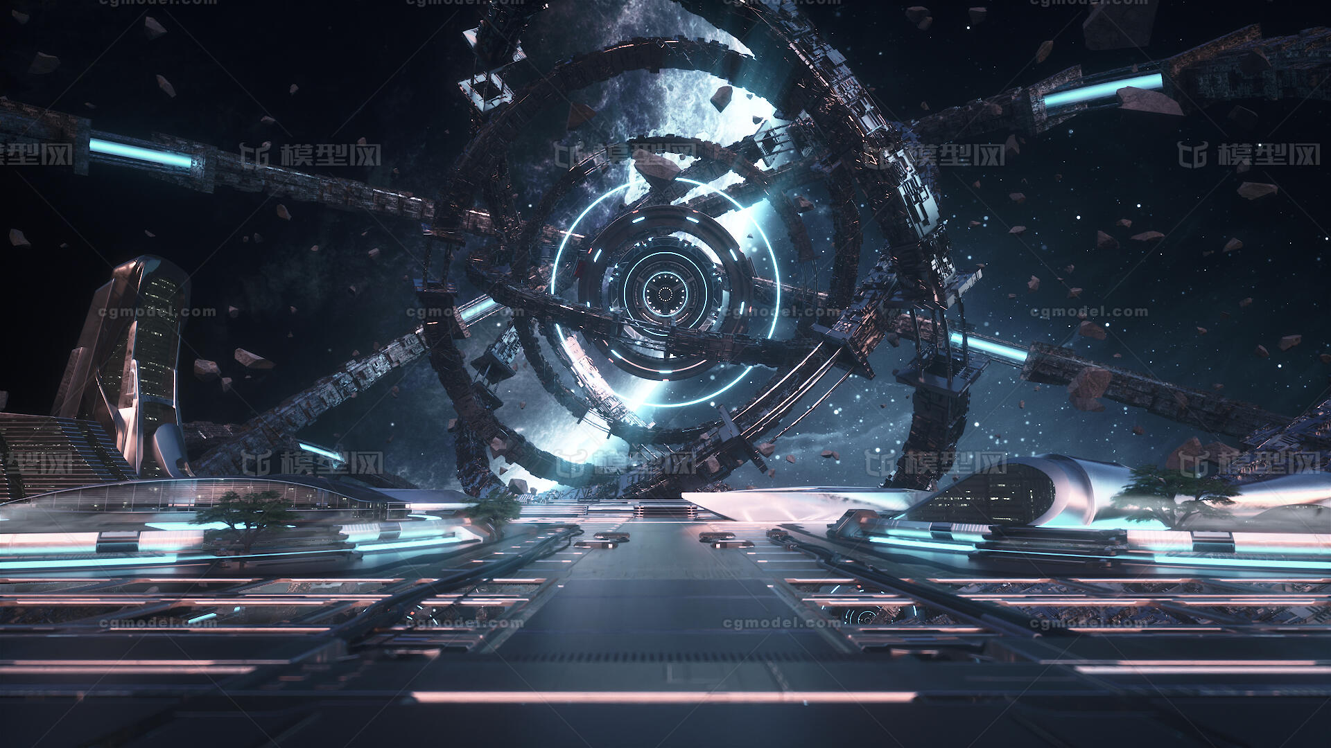 原创元宇宙太空幻想科幻赛博朋克场景机械基地城市未来模型 科幻场景模型库 Cinema 4d C4d 模型下载 Cg模型网