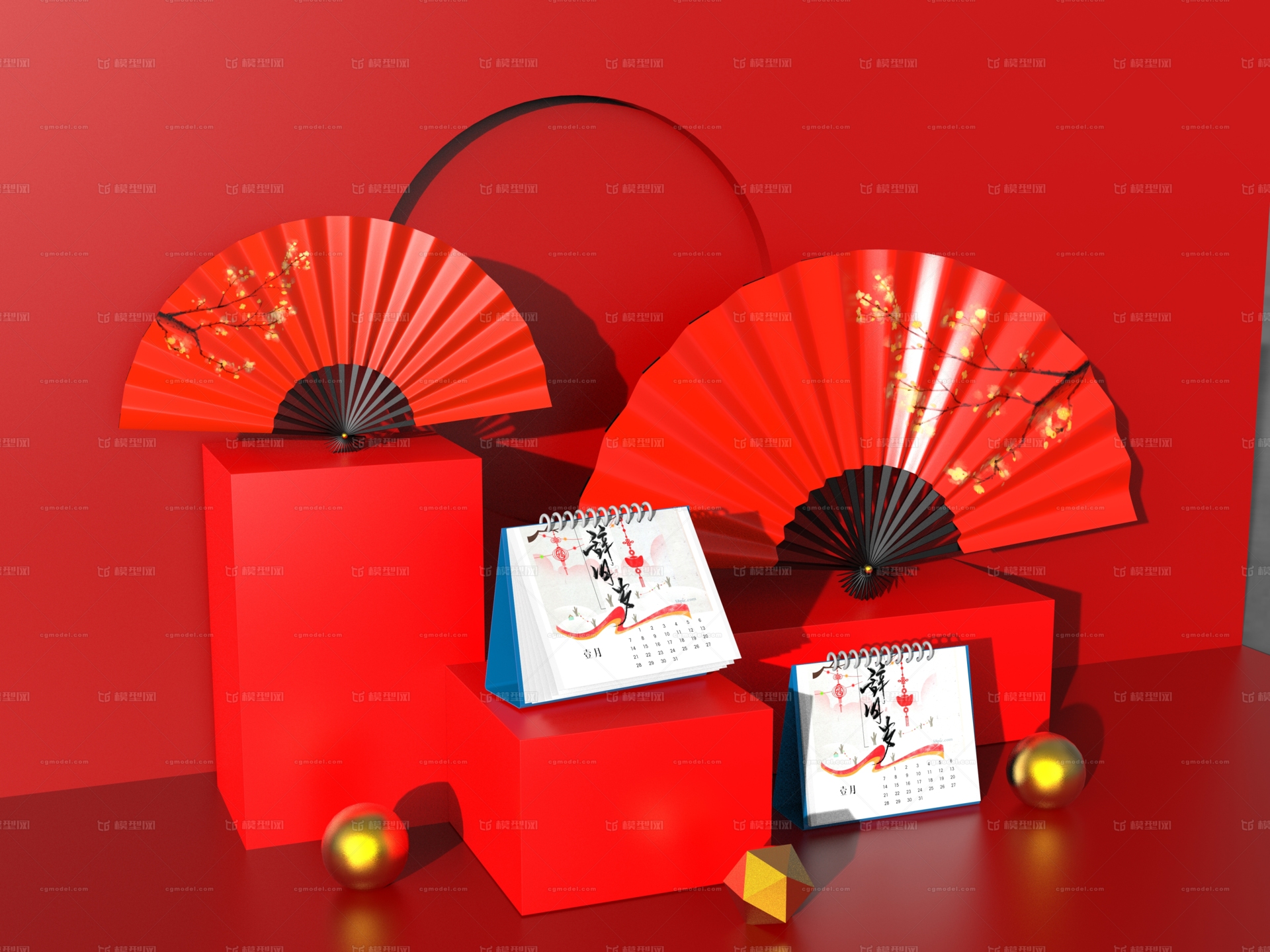 红色中国风日历台历3D模型模型-红色模型库-Cinema 4D(.c4d)模型下载-cg模型网