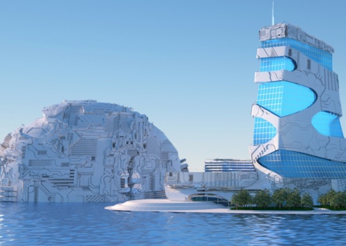 未来海上建筑背景 科幻未来 空间场景 科技虚拟 数字城市 元宇宙