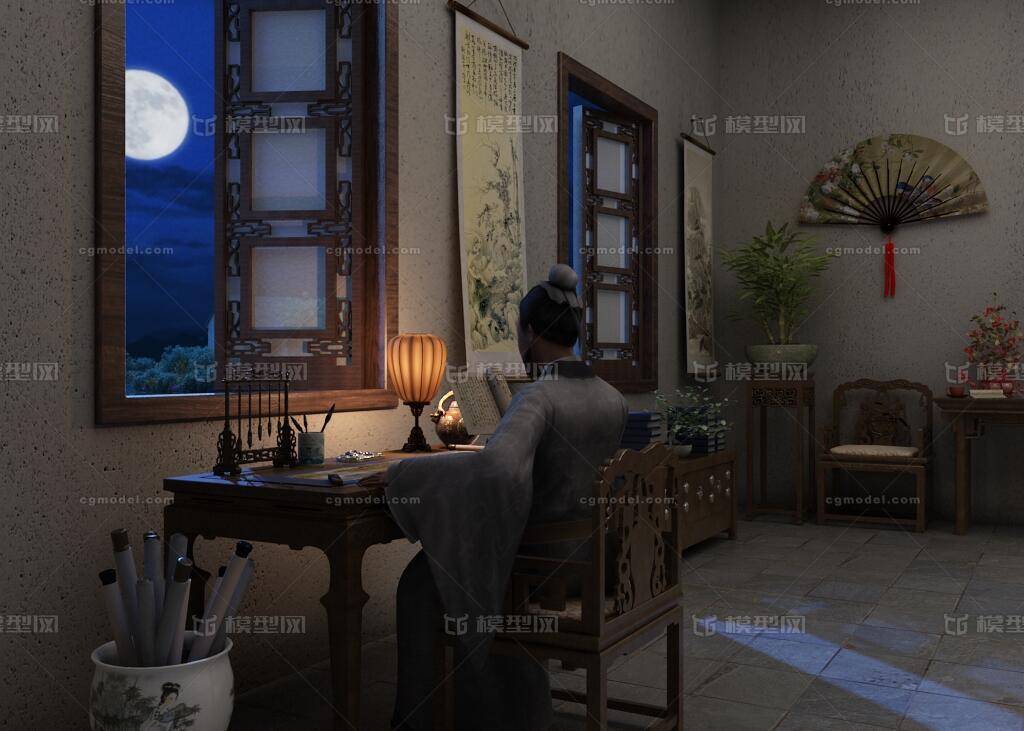 古代室内窗景动画场景 古代室内古代书房模型-古代场景模型库-3ds Max(.max)模型下载-cg模型网