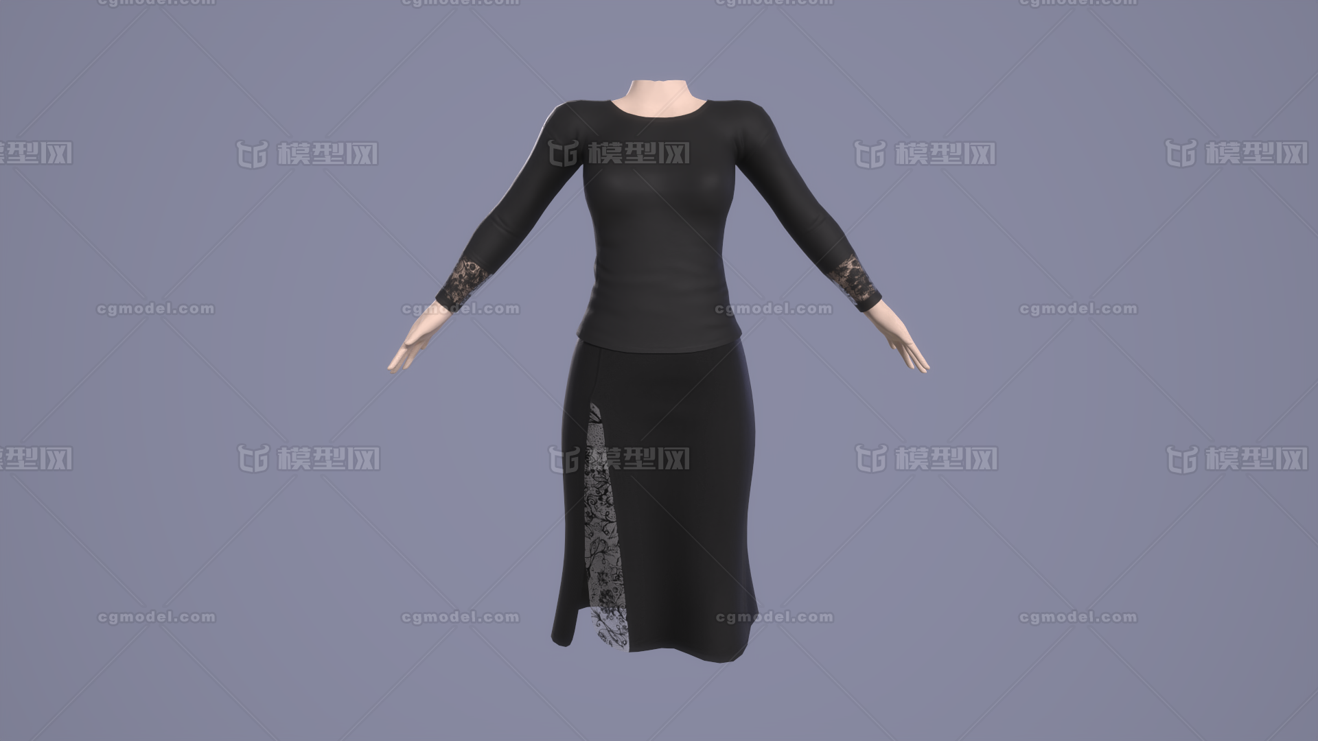 女性蕾丝黑色上衣和裙子套装 女装 服饰 服装 短裙 模型-穿戴服饰模型库-3ds Max(.max)模型下载-cg模型网