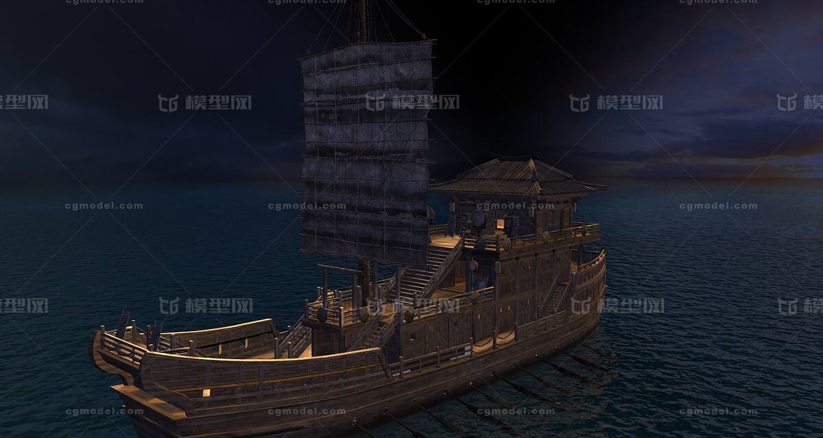 夕阳下的中国古代战船 帆船模型-古代船/仿古船模型库-3ds Max(.max)模型下载-cg模型网