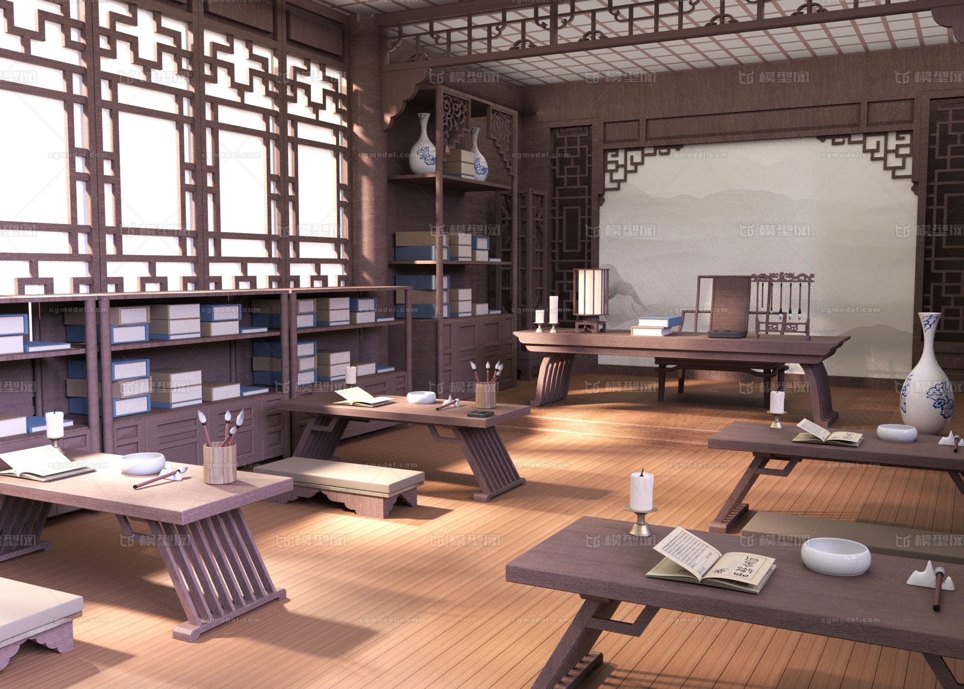 古代书房建筑模型模型-古代场景模型库-Maya(.ma/.mb)模型下载-cg模型网