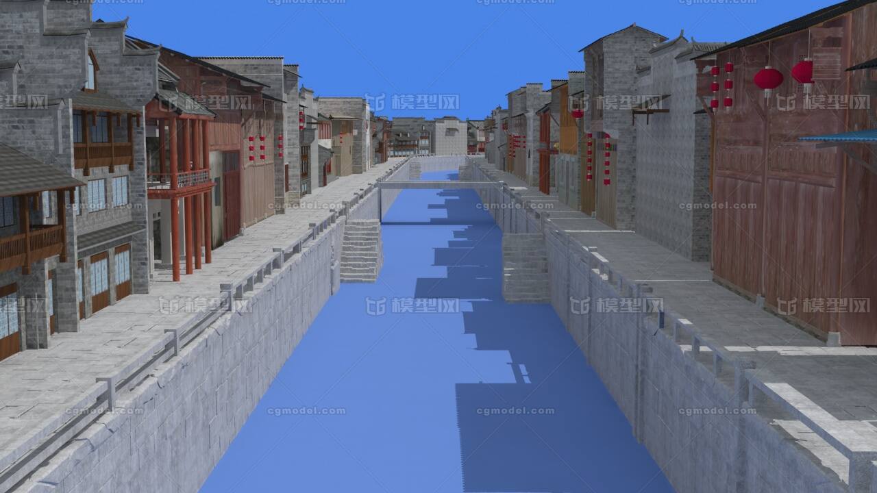 古镇古河道古建筑江南河道 村落模型-古代场景模型库-3ds Max(.max)模型下载-cg模型网