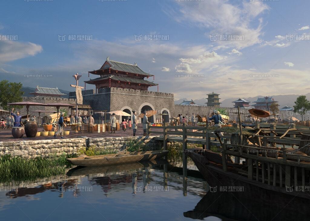 古代城市码头场景 写实古代集市模型-古代场景模型库-3ds Max(.max)模型下载-cg模型网