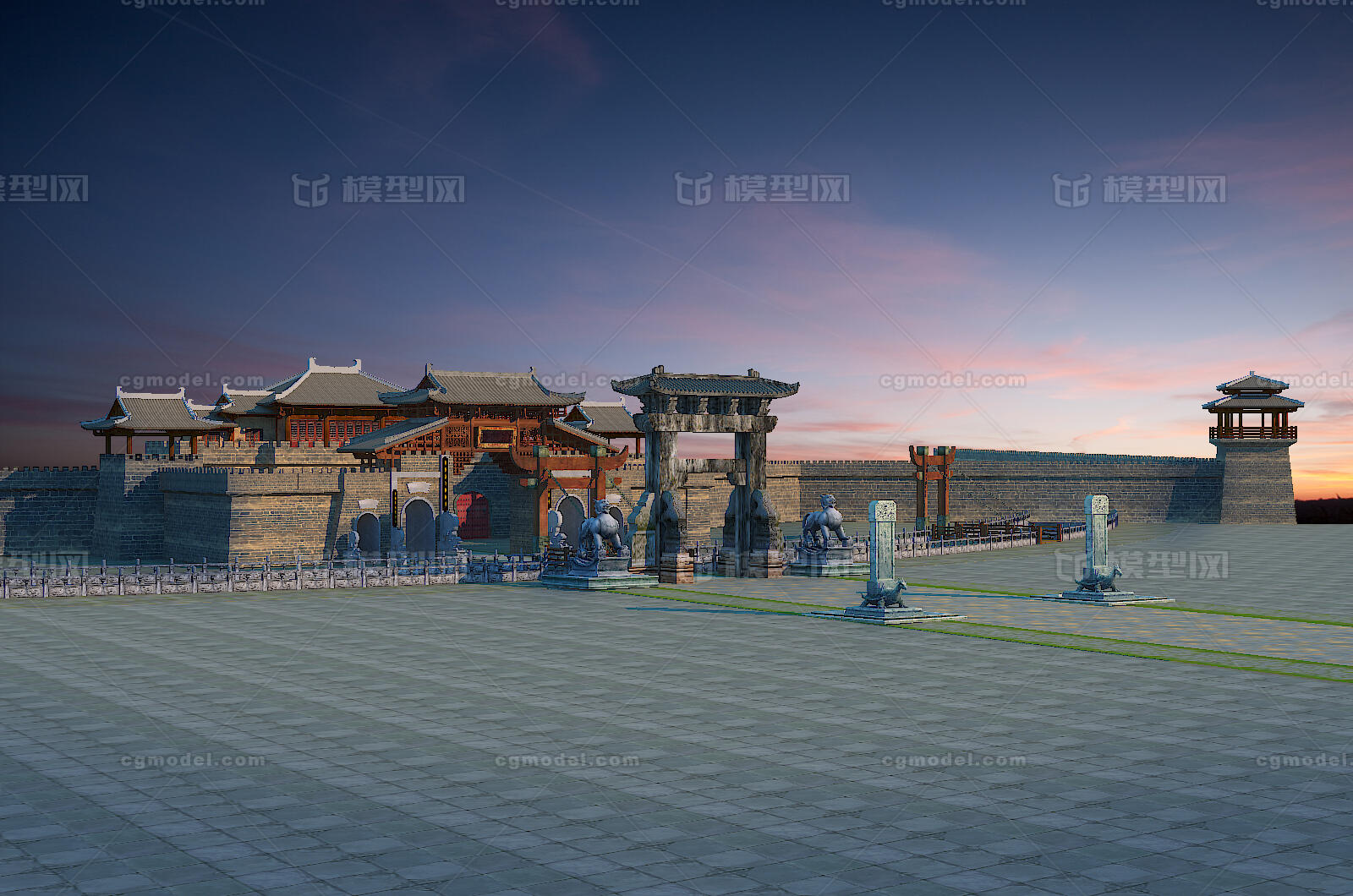 古建场景， 城门，护城河，仿古建筑模型-古代场景模型库-3ds Max(.max)模型下载-cg模型网