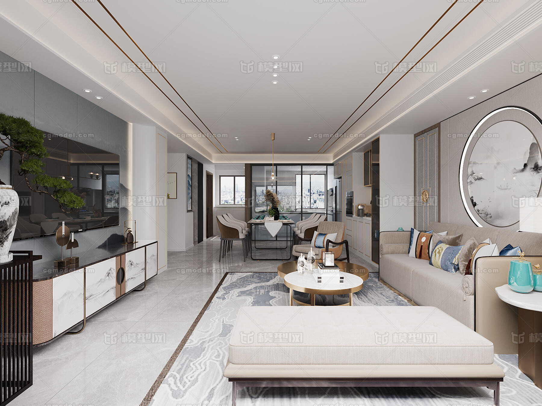 新中式客厅 餐厅模型-客厅模型库-3ds Max(.max)模型下载-cg模型网