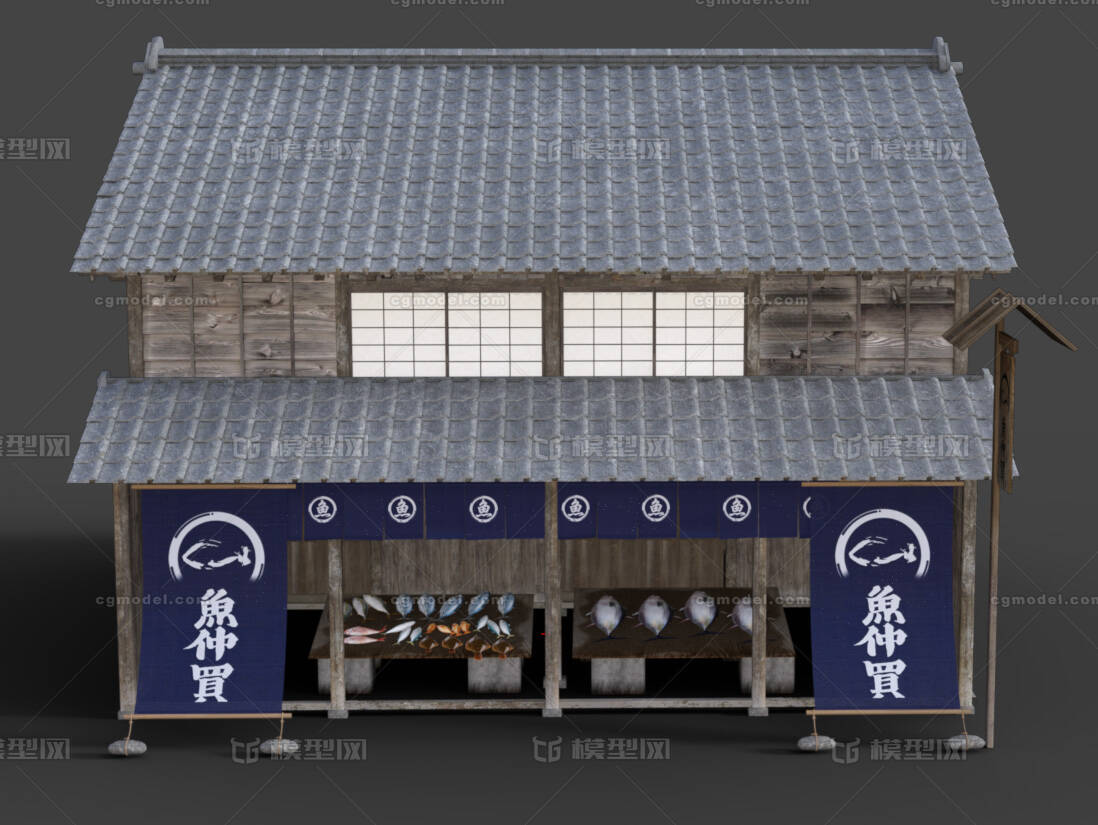 卖鱼店 日式古代卖鱼店模型-场景部件模型库-Maya(.ma/.mb)模型下载-cg模型网