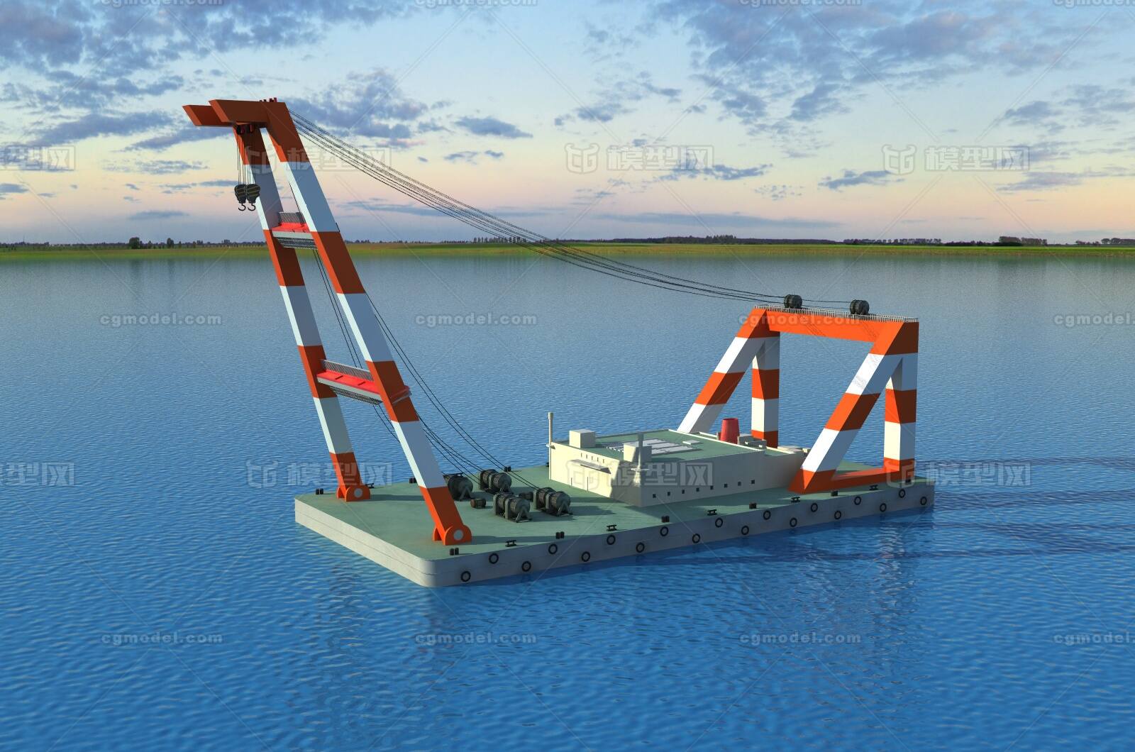 浮吊船(Floating crane)吊装模型-工程船模型库-3ds Max(.max)模型下载-cg模型网