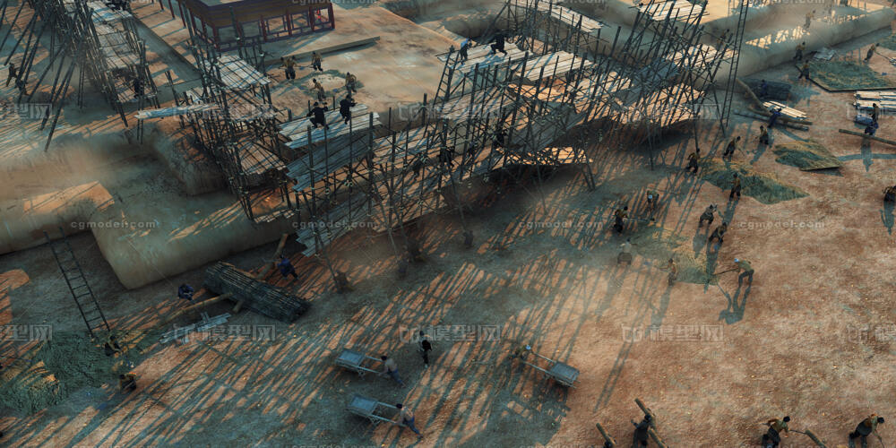 大型古代施工场景 古代城墙修建模型-古代场景模型库-3ds Max(.max)模型下载-cg模型网