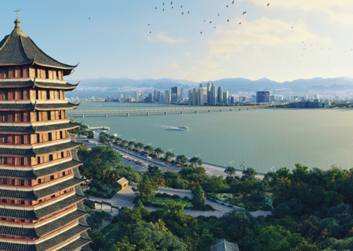 杭州市西湖 六和塔 鸟瞰 360度 钱塘江畔月轮山 360° 全景