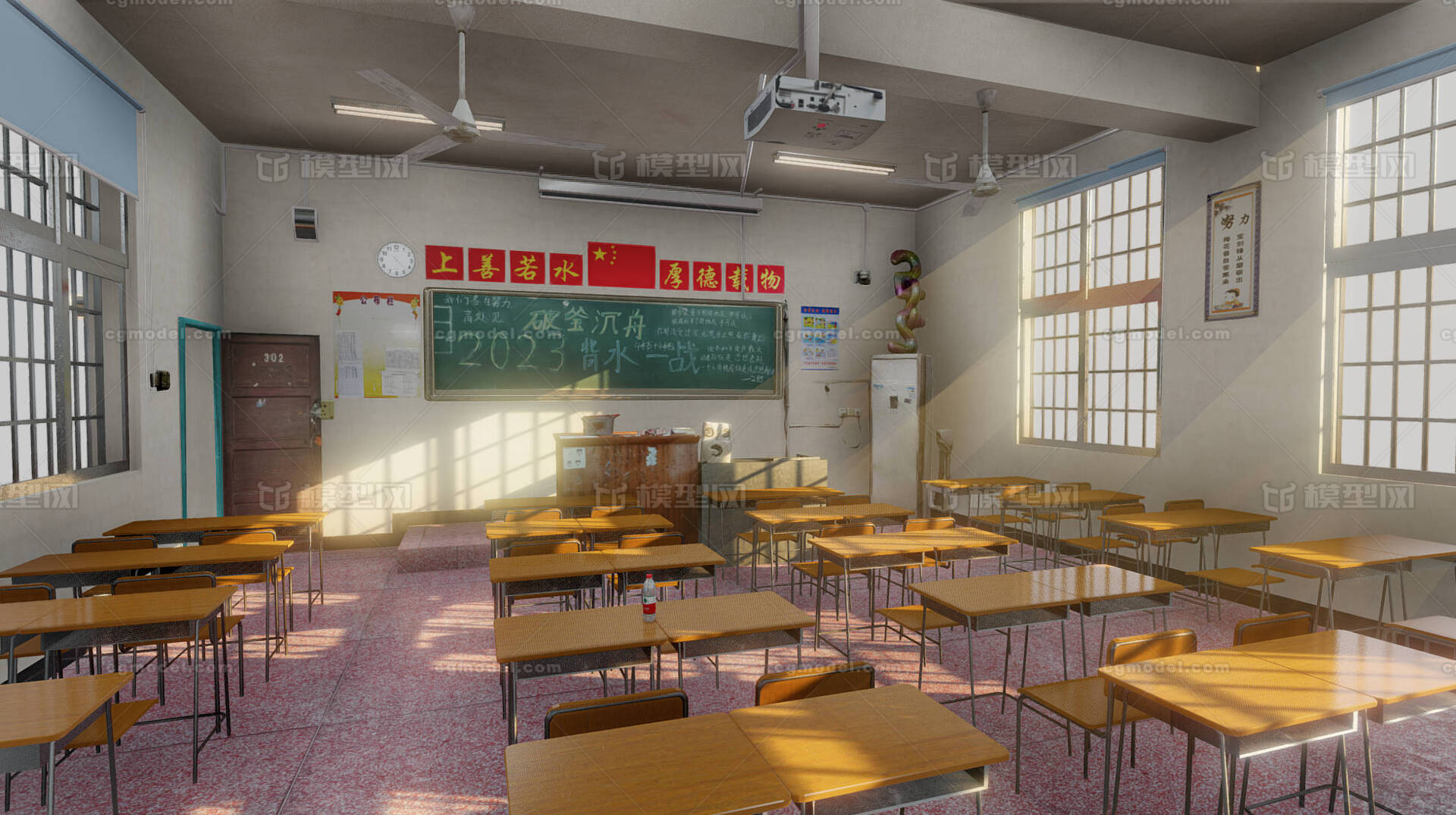 阳光照进高中教室 课桌模型-现代场景模型库-Blender(.blend)模型下载-cg模型网