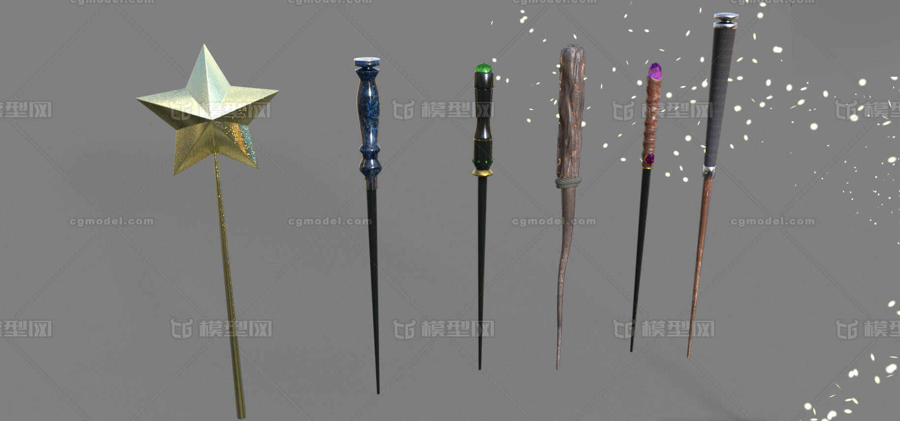 【武器43】哈利波特魔杖5款 魔杖魔法特效5款模型-冷兵器模型库-3ds Max(.max)模型下载-cg模型网