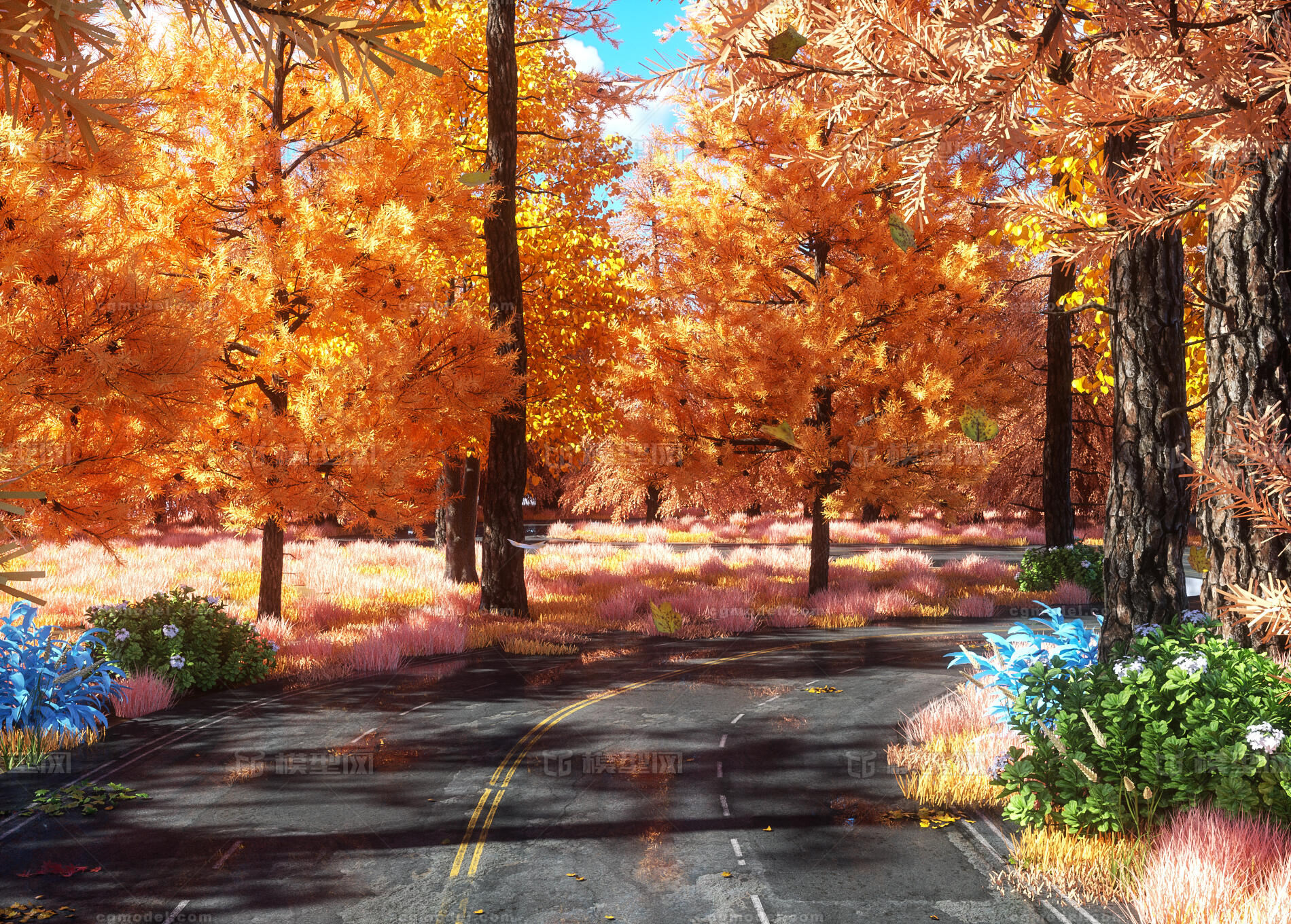 风格化森林 秋天森林 公路 落叶 花草模型-自然场景模型库-Cinema 4D(.c4d)模型下载-cg模型网