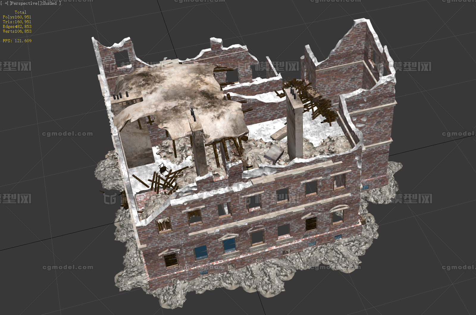 末日建筑 独栋建筑残骸 破败建筑 3DMax2012模型-私人住宅模型库-3ds Max(.max)模型下载-cg模型网