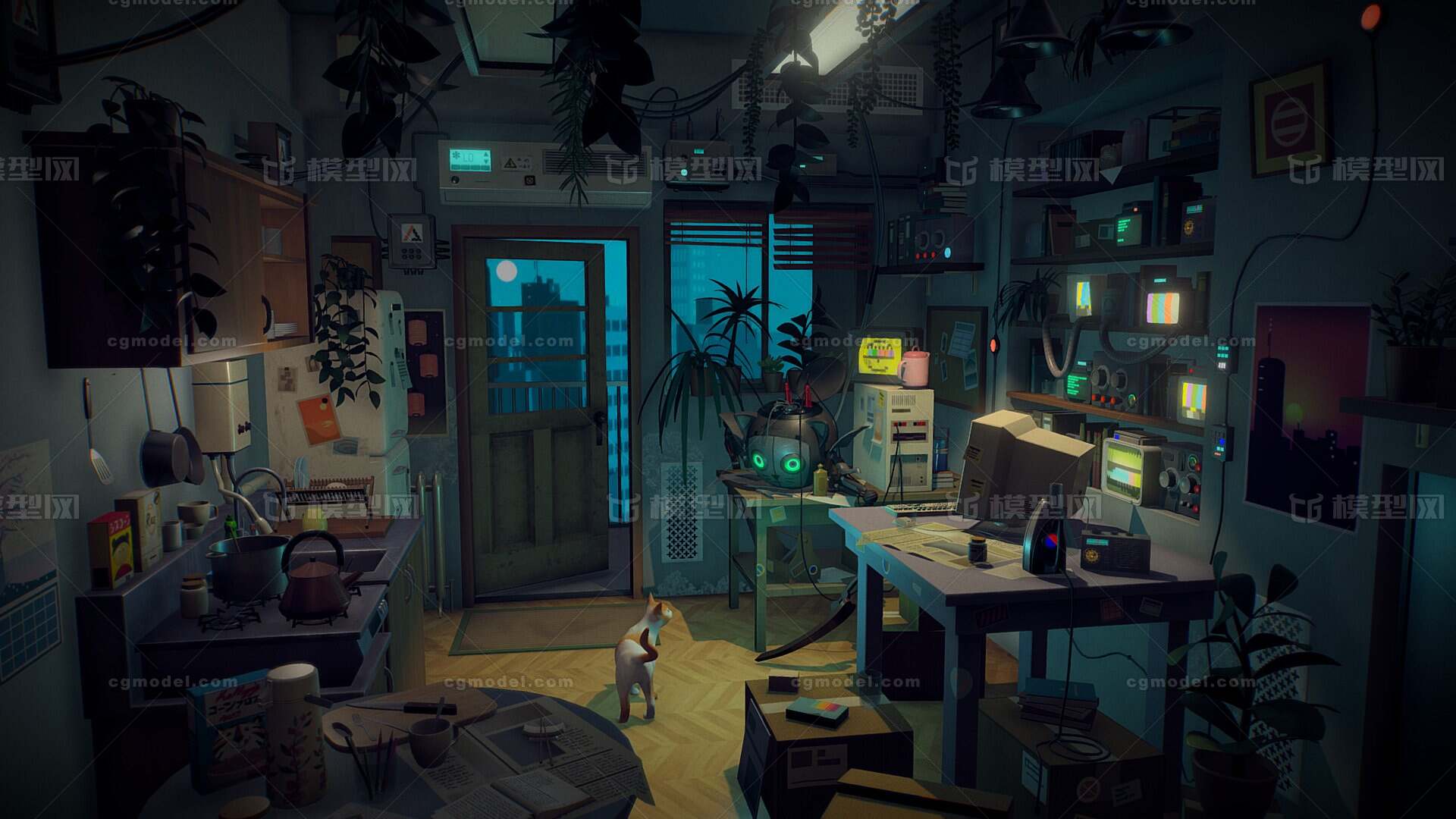 夜晚昏暗的灯光下房间室内场景模型下载模型-现代场景模型库-Blender(.blend)模型下载-cg模型网