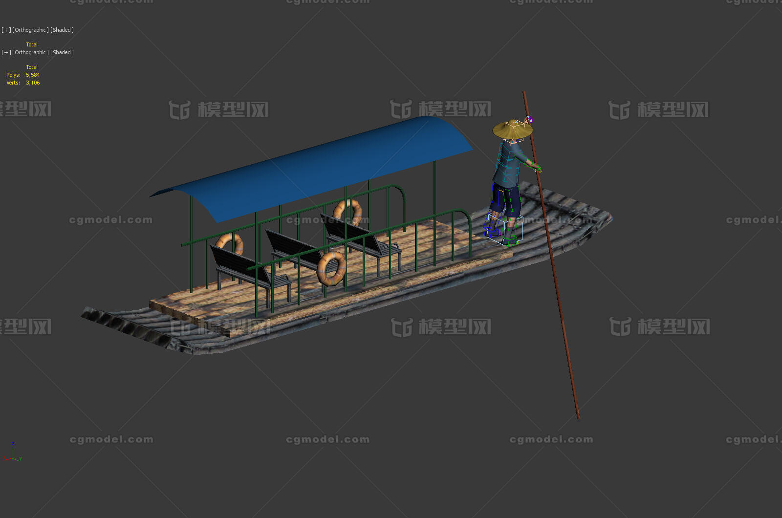 竹筏撑船 竹排划桨模型-古代船/仿古船模型库-3ds Max(.max)模型下载-cg模型网