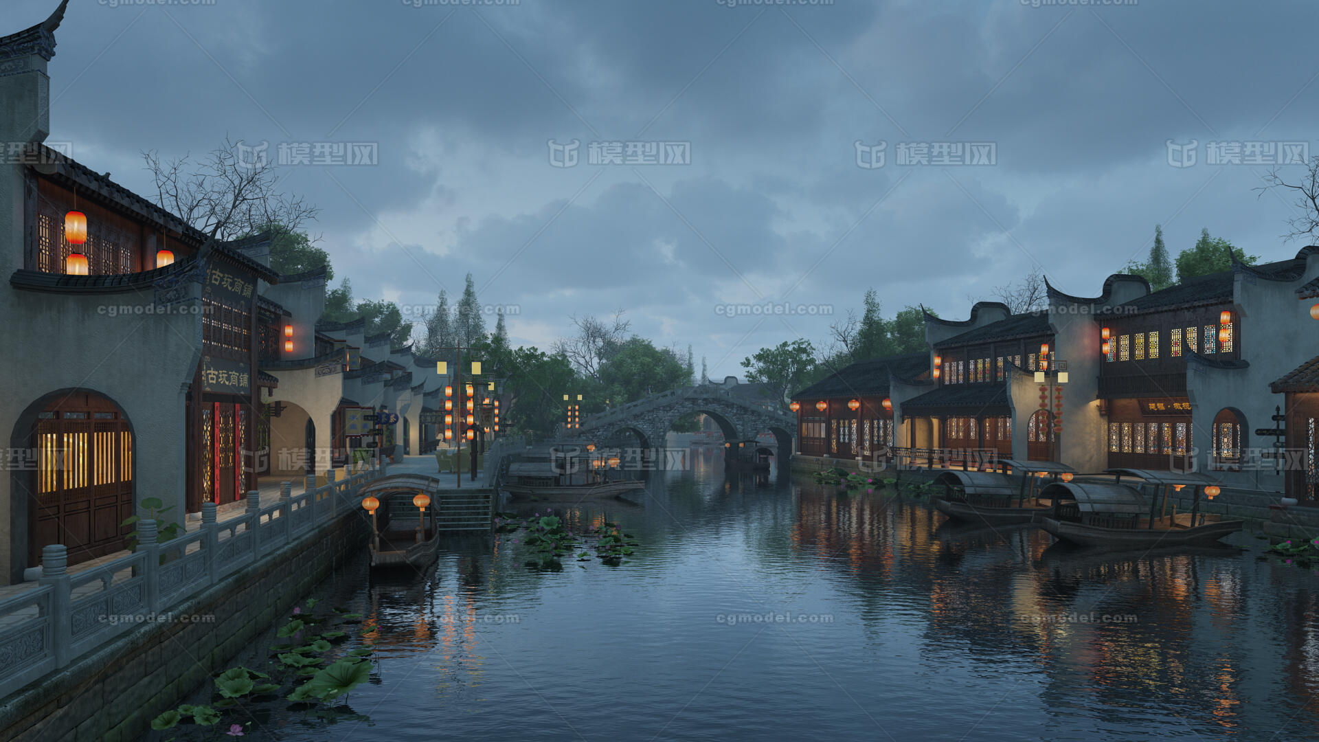 写实古镇阴天雨景 江南水乡模型-古代场景模型库-3ds Max(.max)模型下载-cg模型网
