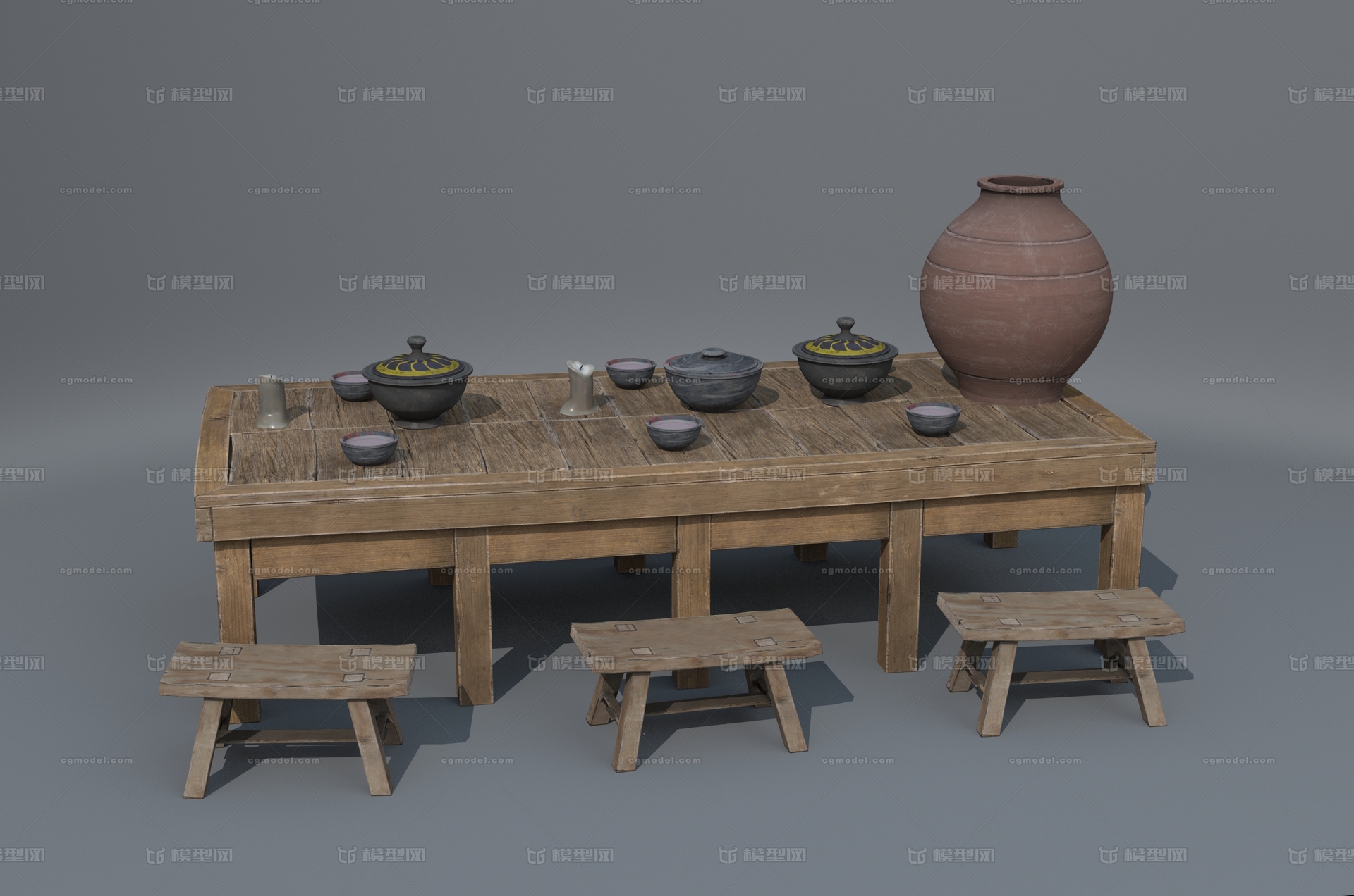 古代木桌 木凳模型-桌椅模型库-Maya(.ma/.mb)模型下载-cg模型网
