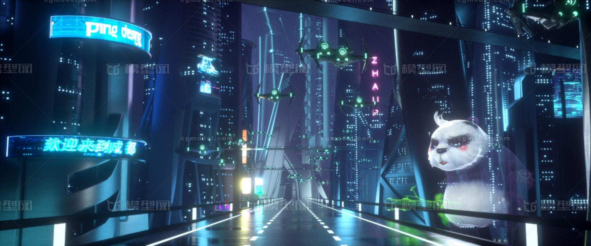 赛博朋克城市科幻街道C4DOC渲染熊猫模型-现代场景模型库-Cinema 4D(.c4d)模型下载-cg模型网