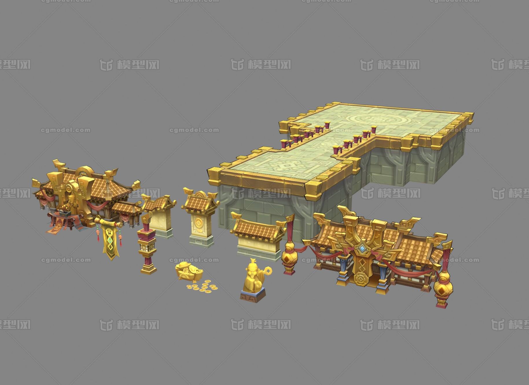中国风古代场景部件Q版建筑模型-古代场景模型库-3ds Max(.max)模型下载-cg模型网