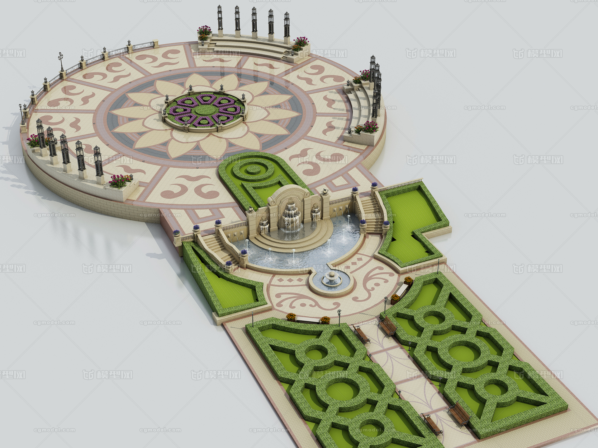 喷泉广场 广场模型-地形模型库-3ds Max(.max)模型下载-cg模型网