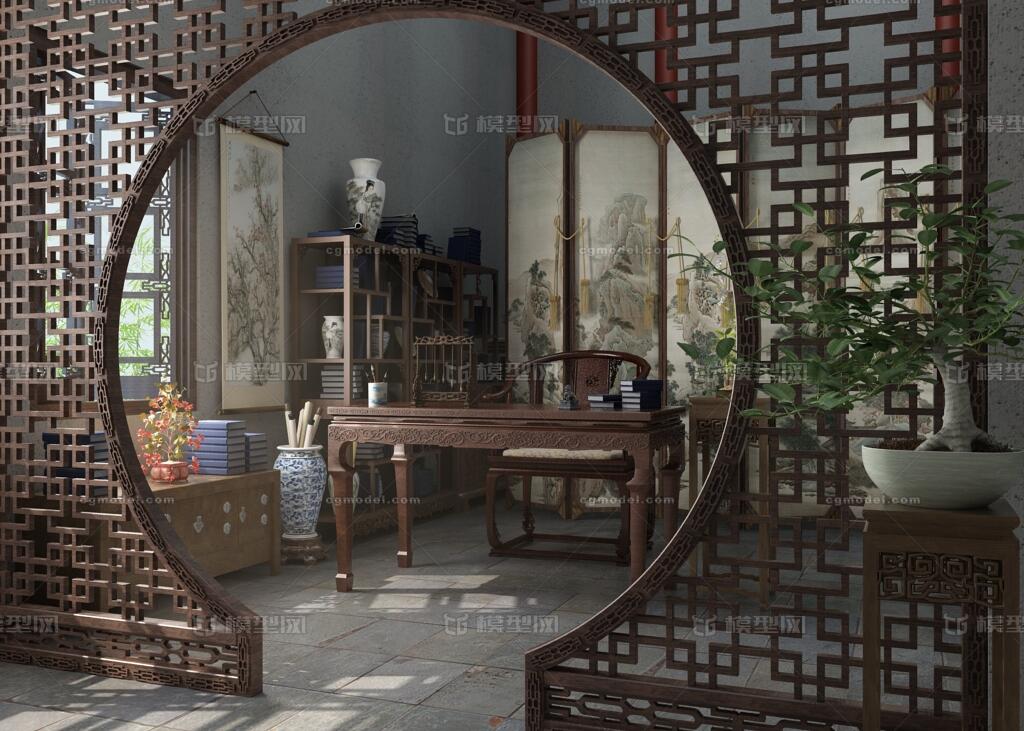 古代室内场景 古代书房模型-古代场景模型库-3ds Max(.max)模型下载-cg模型网
