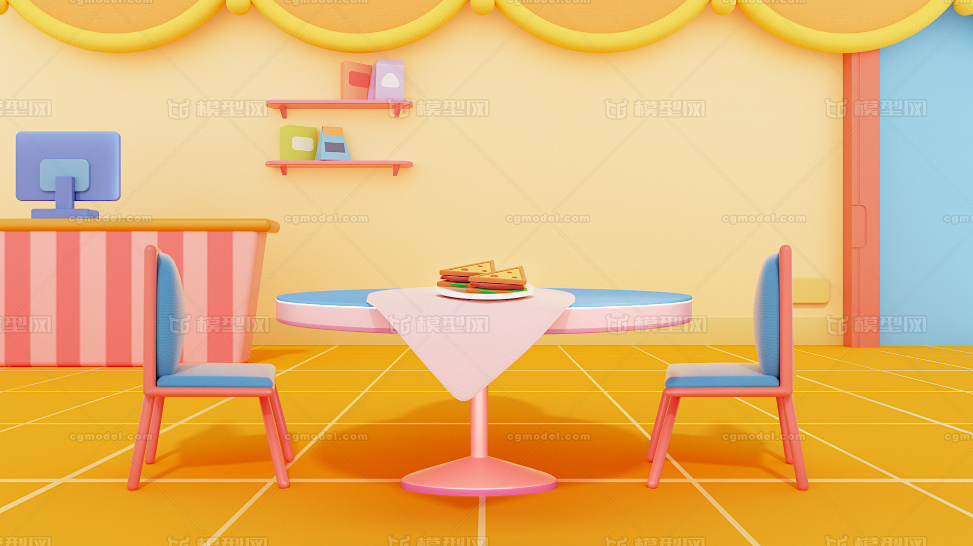 C4D卡通餐厅饭店模型-购物年货模型库-Cinema 4D(.c4d)模型下载-cg模型网