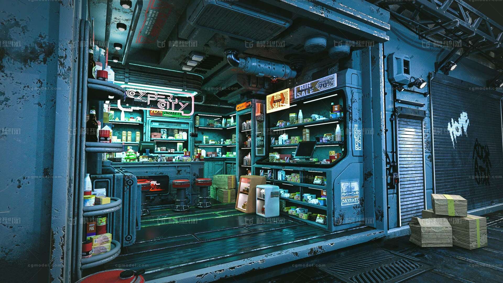 科幻赛博朋克未来主义街头商店 C620模型-科幻场景模型库-3ds Max(.max)模型下载-cg模型网