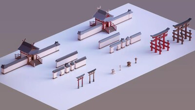 FBX中国风房屋古代建筑塔楼牌坊门楼院墙茅草屋木屋Unity模型-场景部件模型库-FBX(.fbx)模型下载-cg模型网