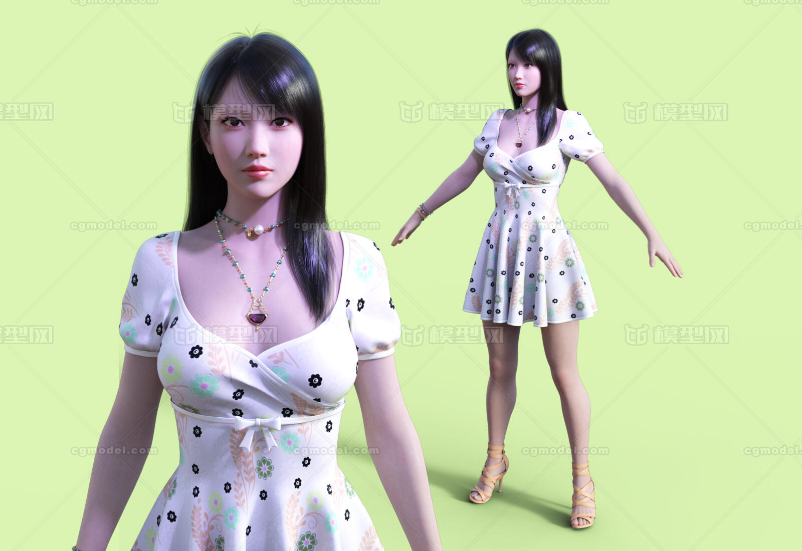 女人带骨骼绑定PBR 短裙高跟女人模型-女人模型库-3ds Max(.max)模型下载-cg模型网