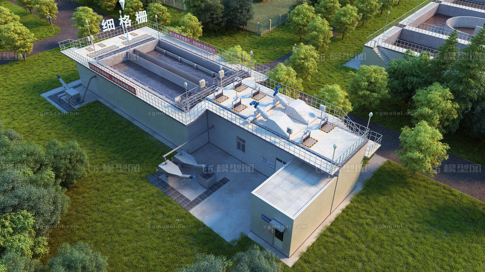 写实污水处理厂 细格栅工艺流程模型-现代场景模型库-3ds Max(.max)模型下载-cg模型网