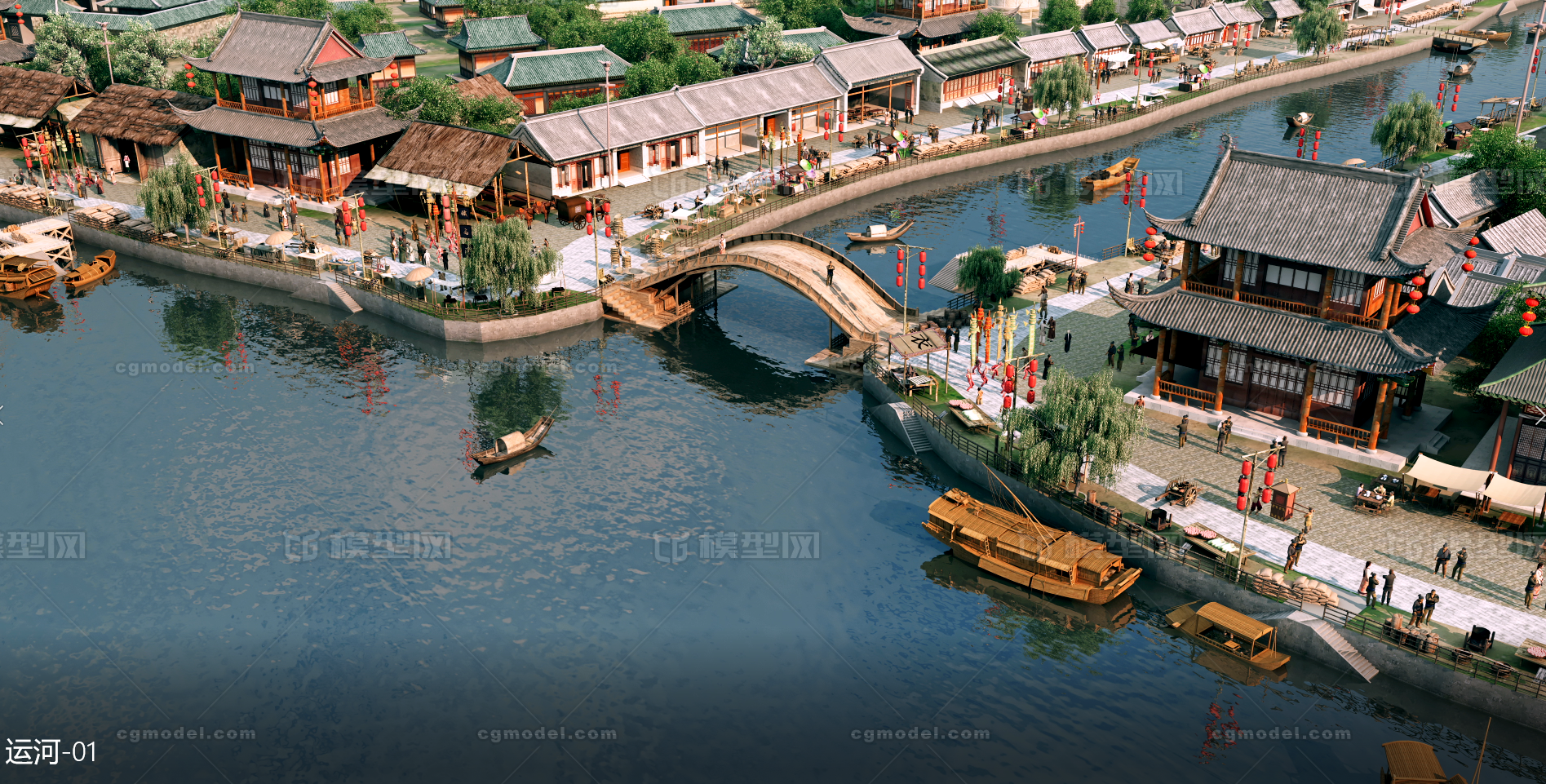 古代河道 古建筑模型-古代场景模型库-3ds Max(.max)模型下载-cg模型网