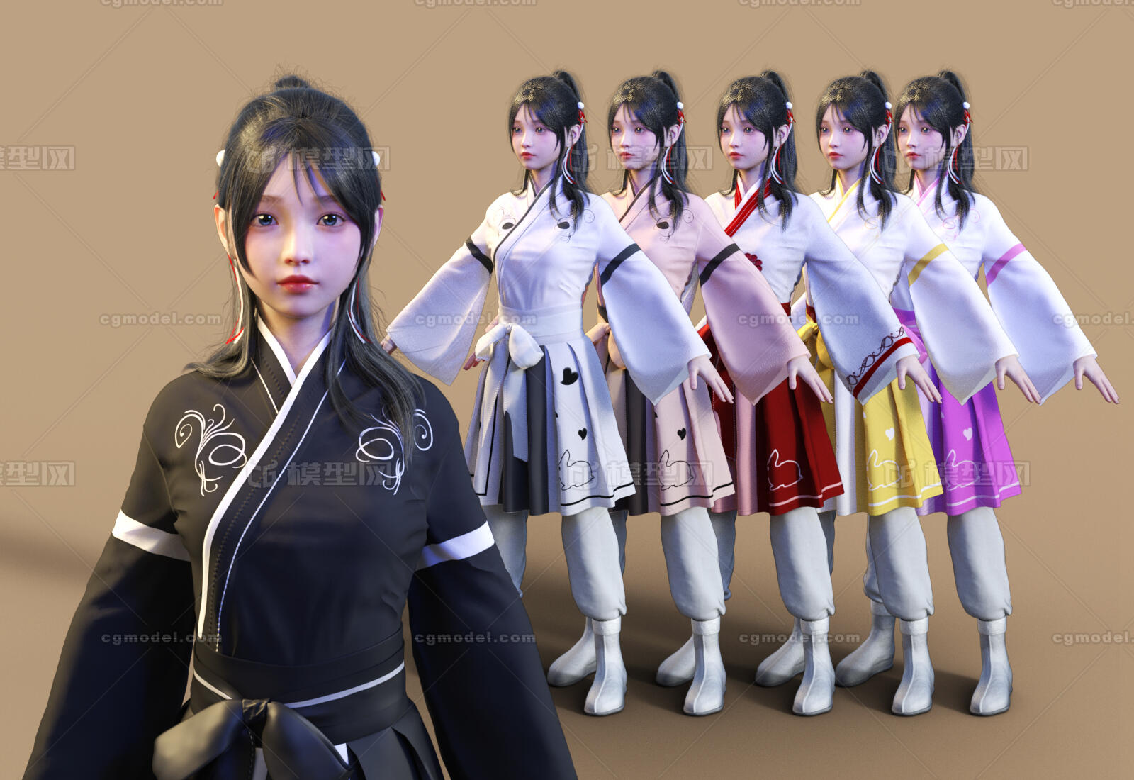 写实古代女孩穿古装长裙带骨骼绑定PBR 明代宋代模型-女人模型库-3ds Max(.max)模型下载-cg模型网