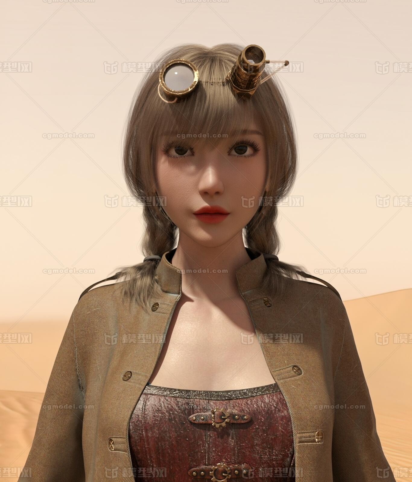 复古装双马尾中长发辫子夹克裙子靴子美女游戏角色模型-穿戴服饰模型库-3ds Max(.max)模型下载-cg模型网