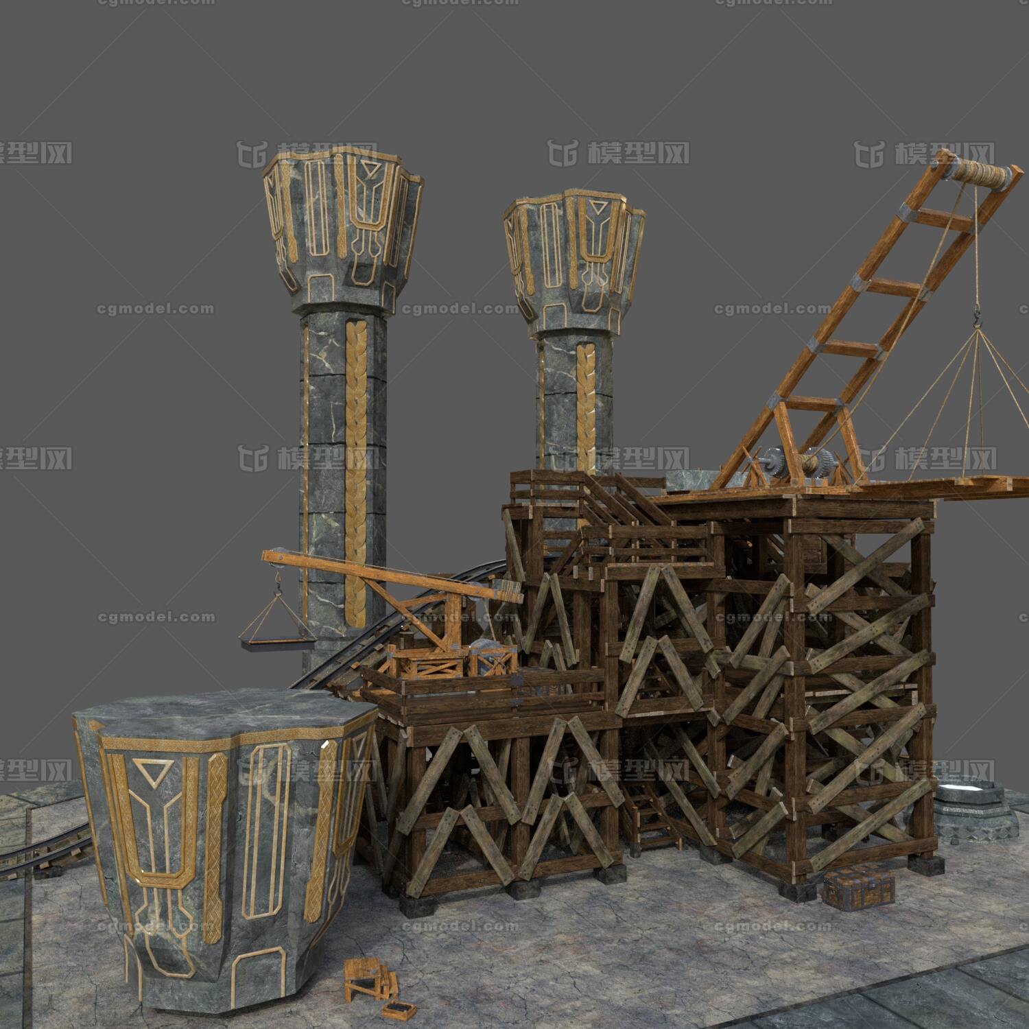 远古复古建筑基地工地建造模型-古代场景模型库-FBX(.fbx)模型下载-cg模型网