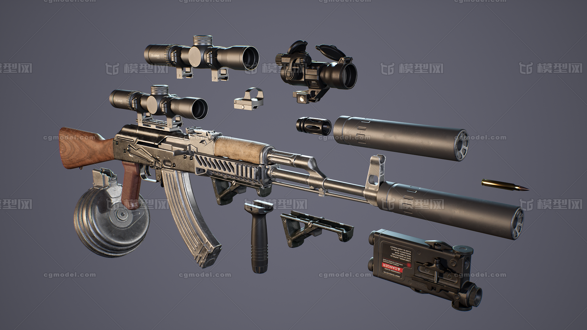 AK步枪和配件 弹匣弹鼓模型-枪械模型模型库-3ds Max(.max)模型下载-cg模型网
