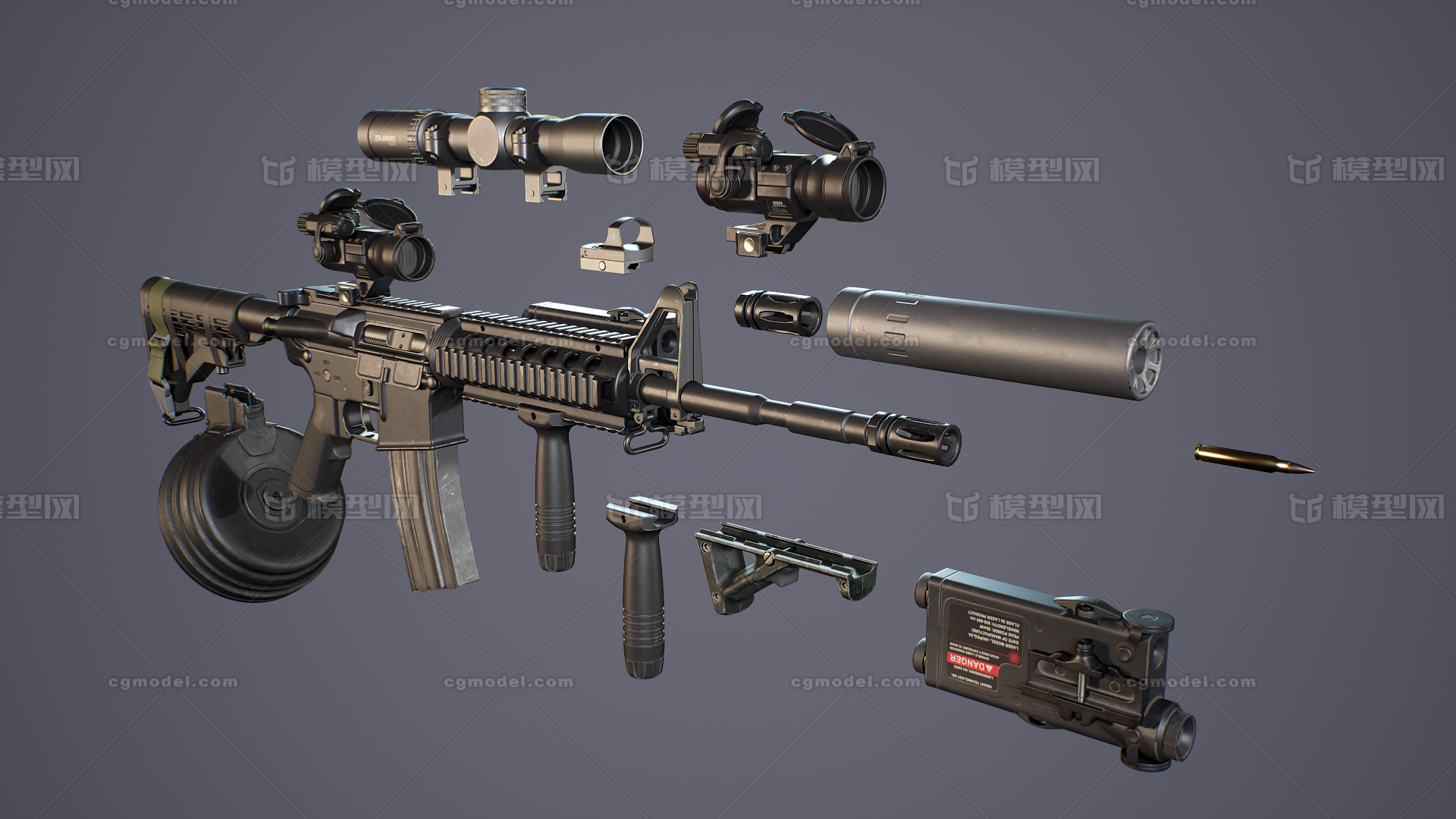 M4步枪和配件 弹匣弹鼓模型-枪械模型模型库-3ds Max(.max)模型下载-cg模型网
