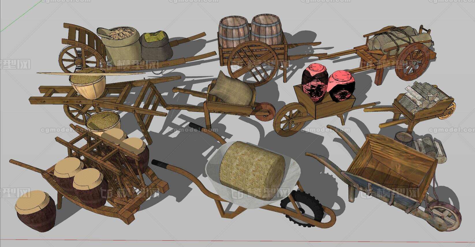 古代运输工具 单轮模型-人力车模型库-sketchup(.skp)模型下载-cg模型网