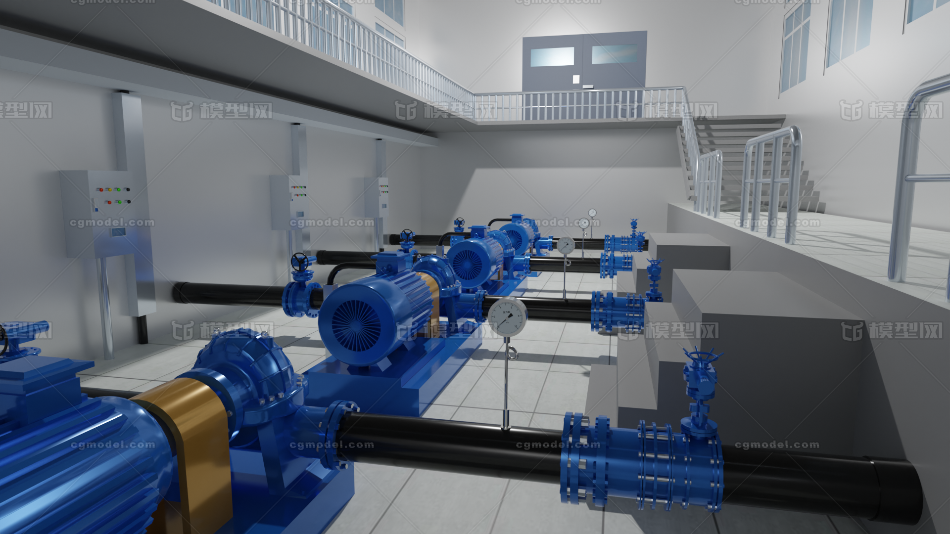泵站泵房组态场景模型模型-场景部件模型库-Blender(.blend)模型下载-cg模型网