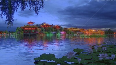 夜晚古建古建+湖边+水景+幽静+写意+游船+荷花+柳树+夜景模型-古代场景模型库-3ds Max(.max)模型下载-cg模型网