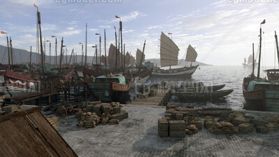 古代码头 古代帆船模型-古代场景模型库-3ds Max(.max)模型下载-cg模型网