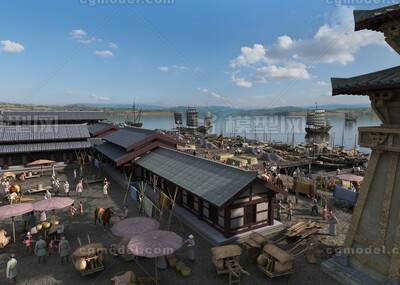 古代码头场景 货运港口模型-古代场景模型库-3ds Max(.max)模型下载-cg模型网