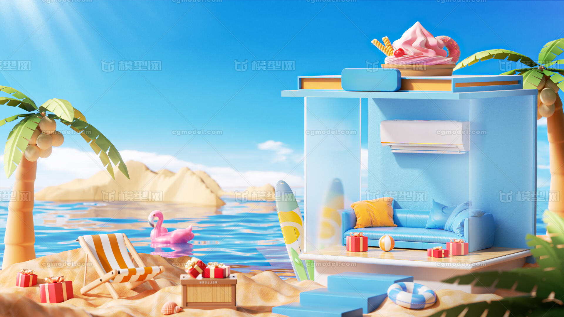 夏天夏季海边沙滩房子度假冲浪气球模型-广告场景模型库-Cinema 4D(.c4d)模型下载-cg模型网