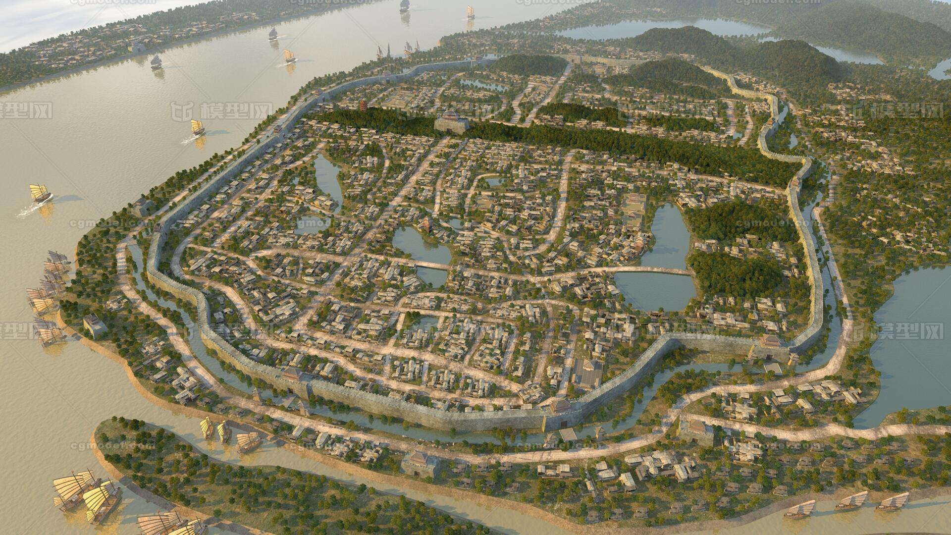 武昌古城鸟瞰 武昌古城模型-古代场景模型库-3ds Max(.max)模型下载-cg模型网