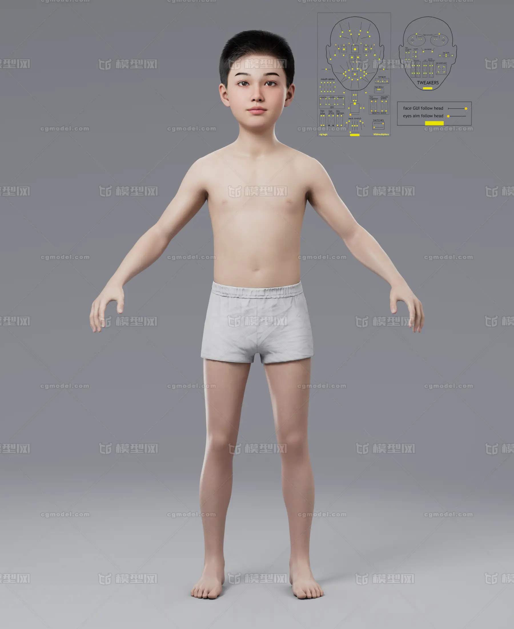 metahuman写实亚洲小男孩基础人体模型男孩子模型-孩子-男模型库-FBX 