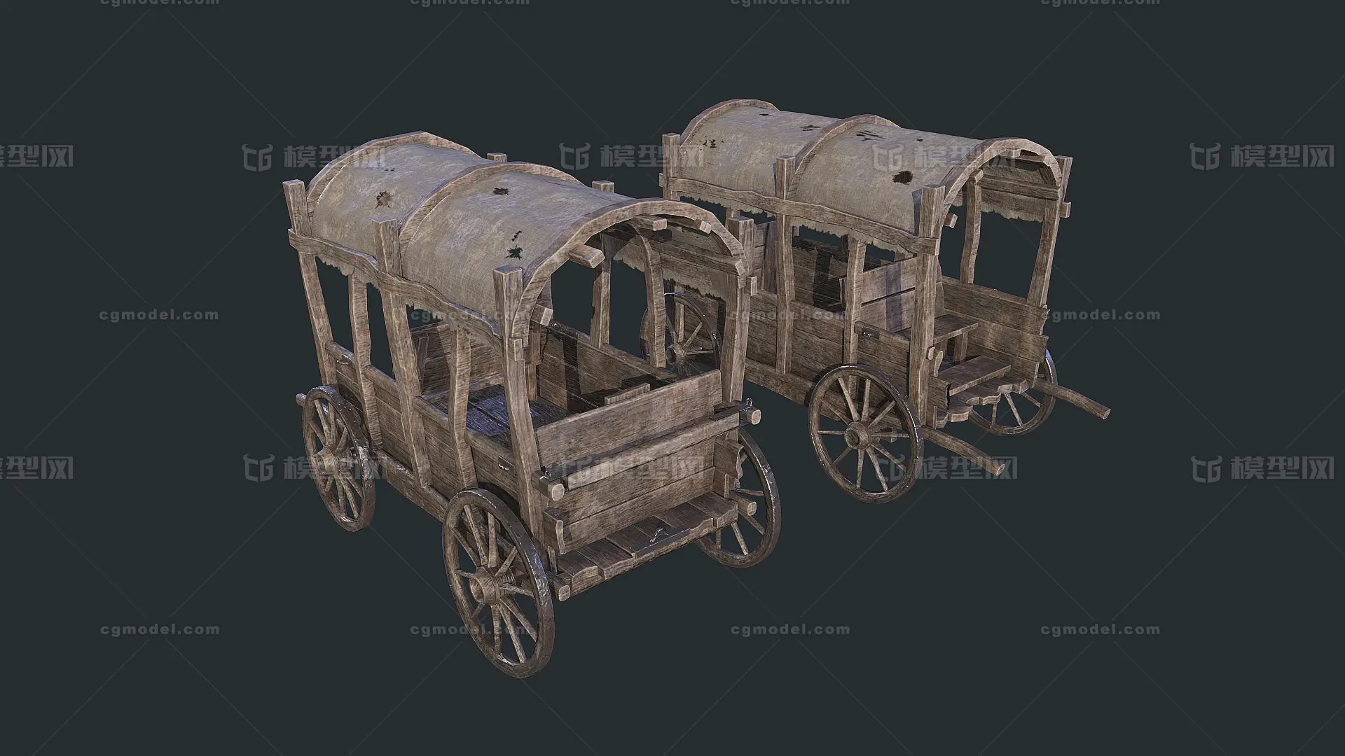 中世纪破旧马车 木制拖车